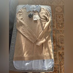 English Factory Beige Sweater Dress with Light Blue Collar and hem detail
